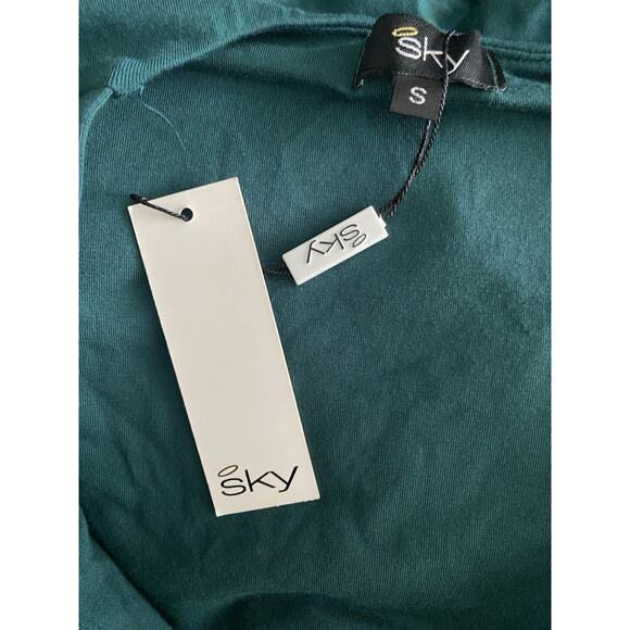 NWT SKY Dress V Neck Long Sleeve Maxi A line Ruched Green Long Slit Knit XS - Picture 8 of 9